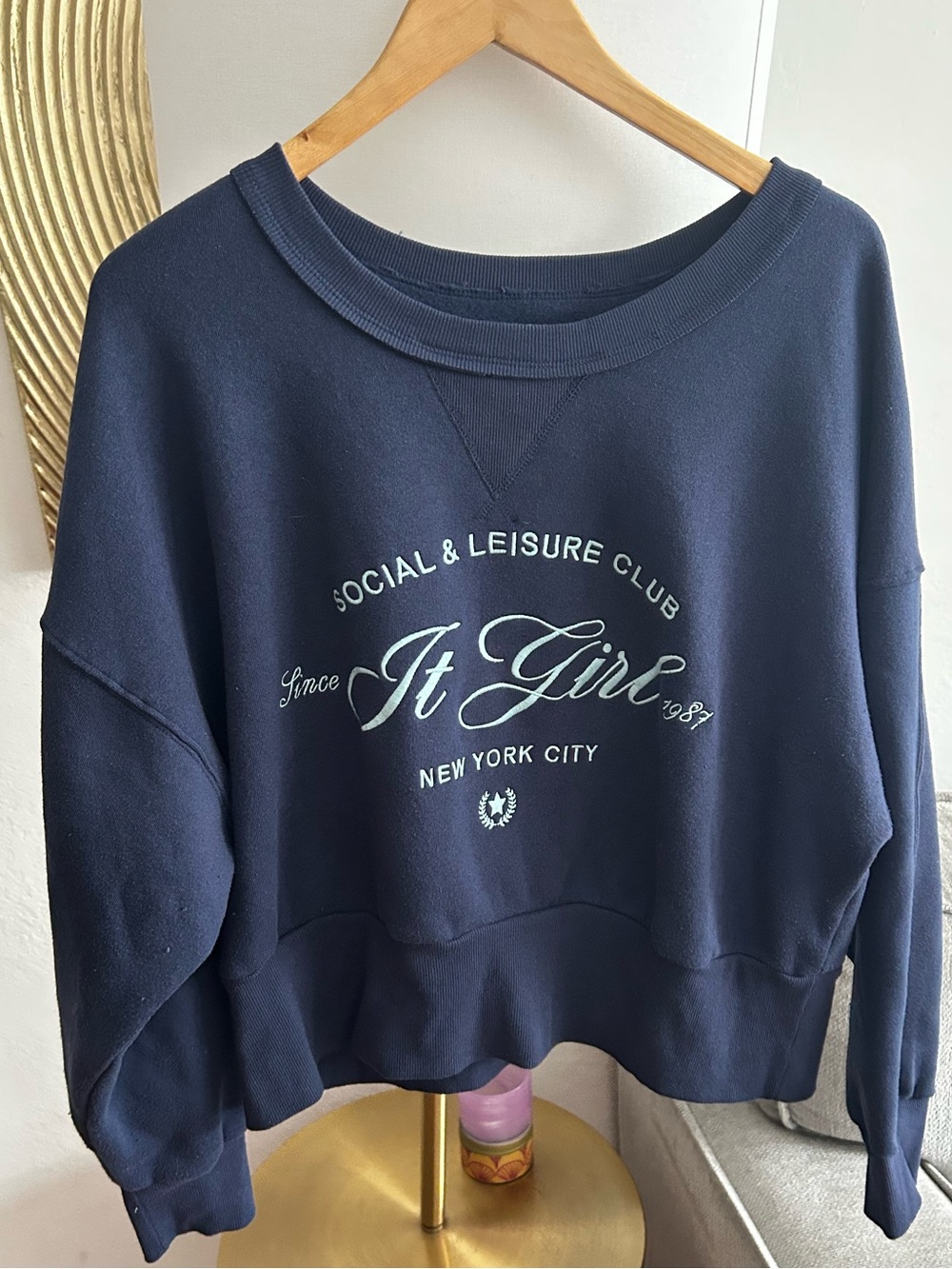 Grayson Threads Oversized Cropped Graphic Sweatshirt Blue Preppy Sports